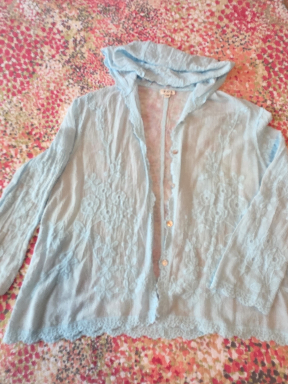 POL Light Blue Hooded Embroidered Button-Front Blouse